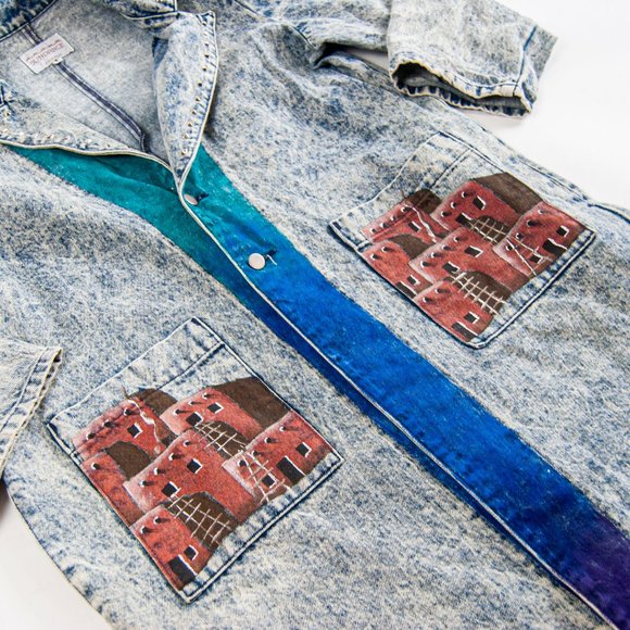 80s Acid Wash Hand Painted Southwestern Duster L L - Picture 7 of 11